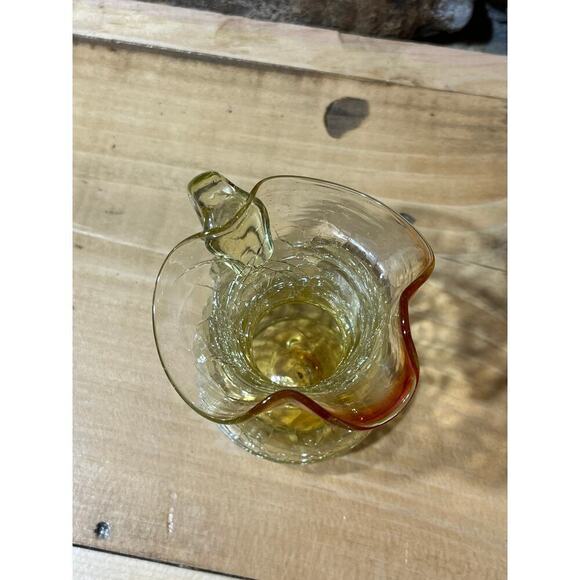 Vintage Amber Crackle Glass Small Pitcher w/ handle. Ruffle Lip. 4" tall. - Picture 5 of 7